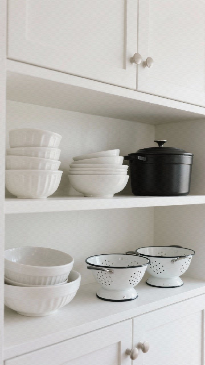 Photorealistic detail closeup of everyday cookware displayed like sculpture above matte white cabinets: grouped by material—stacked white ceramic mixing bowls, a matte black Dutch oven, and a pair of enamel colanders; heavier pieces set slightly back, lighter decorative pieces forward. Small gaps between groupings to avoid a stockroom look. Overhead three-quarter perspective with soft, even lighting.