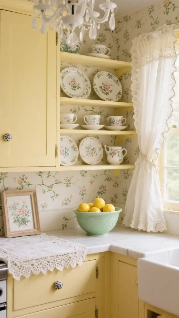 Photorealistic detail closeup of Grandma’s cottage kitchen shelf and counter: buttercream yellow cabinet front with ceramic knobs, small-scale floral wallpaper with tiny vines, ruffled-edge café curtains filtering light; hand-painted plates and teacups displayed on open shelves; a lace tablecloth edge in frame, a jadeite mixing bowl filled with lemons on the counter; hints of a painted-white garden-style chandelier above; soft, cozy morning glow highlighting delicate textures