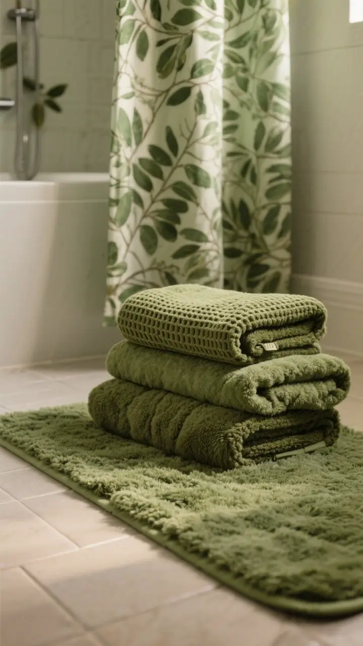 Photorealistic detail closeup of layered green textiles: olive towels (waffle weave and plush stacked together), a moss green bath mat with dense pile, and an eucalyptus-toned patterned shower curtain slightly draped. Neutral tile floor beneath. Warm, diffused lighting highlighting fabric textures. One “hero” green with supporting shades kept within two tones for cohesion.
