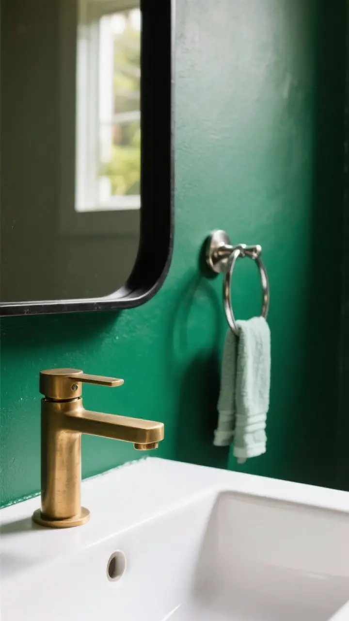 Photorealistic detail closeup of mixed metals against green: an emerald-painted wall as backdrop, a brushed brass faucet (dominant metal) at the sink, matte black framed mirror, and chrome towel hook. Each metal repeated intentionally in small elements within the frame. Warm, balanced lighting to show metal finishes without harsh glare. Curated, layered feel.