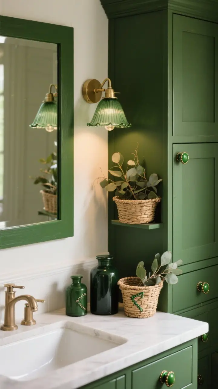 Photorealistic detail closeup of small green upgrades: a deep green mirror frame above a sink, vanity lights with muted green glass shades, and cabinet doors fitted with green ceramic knobs or leather pulls stitched in green. Nearby storage shows eucalyptus-toned baskets and dark green apothecary jars. Warm, flattering light ties the tones together; subtle, cohesive accents.