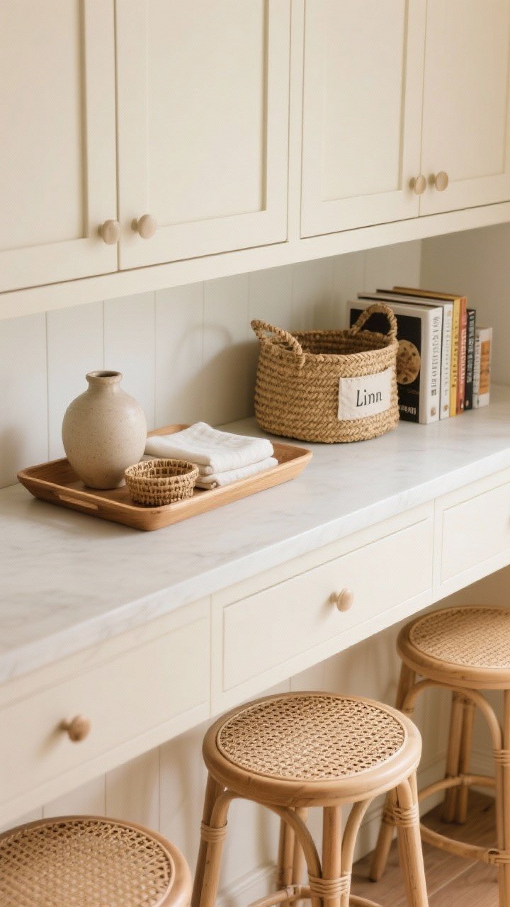 Photorealistic detail closeup of the top of cream cabinets featuring grouped decor on trays and baskets: a low-profile natural wood tray holding a ceramic vase, a woven seagrass basket labeled for linens, and a short stack of cookbooks; repeated cane/rattan texture echoing bar stools below. Overhead three-quarter angle emphasizing contained, cohesive styling; soft neutral palette, easy-to-clean surfaces.