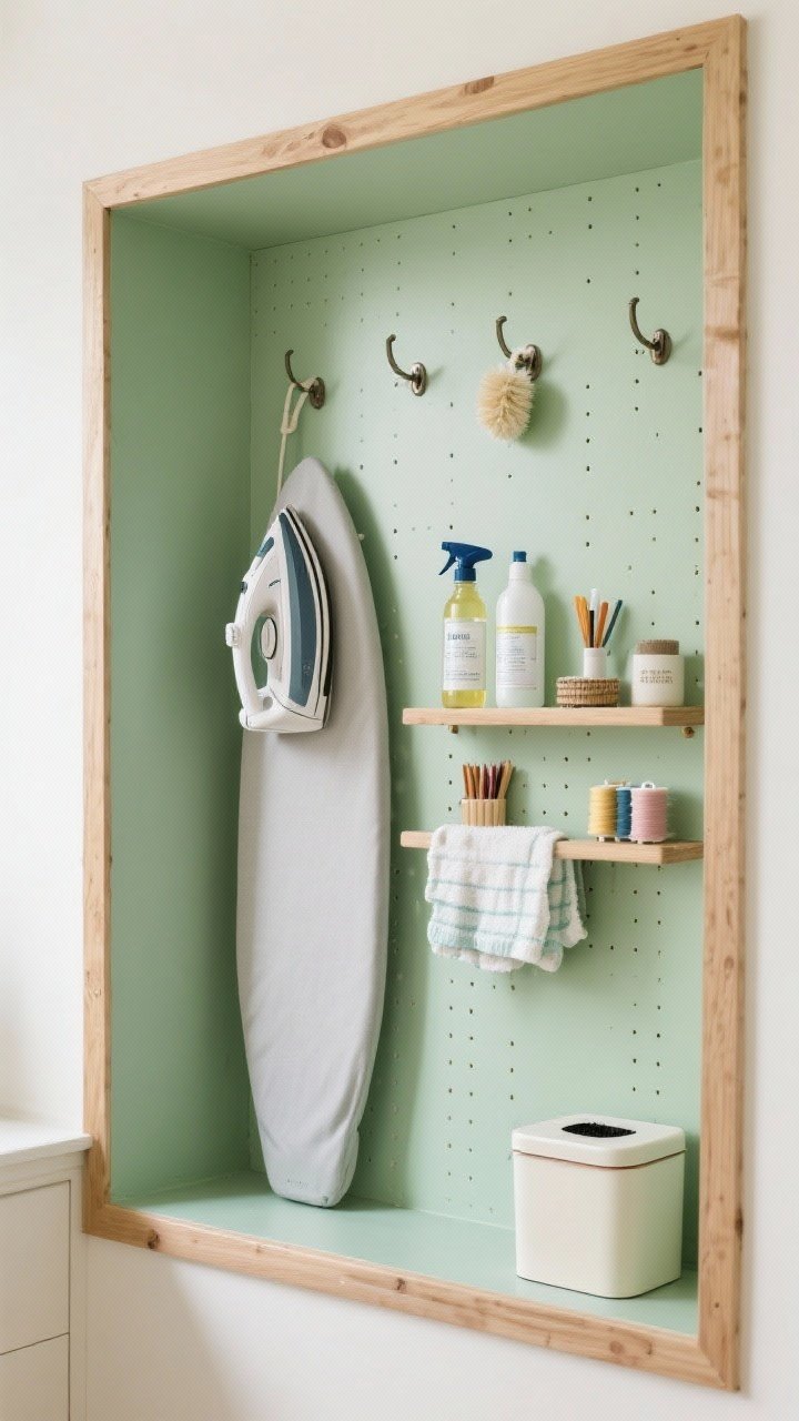 Photorealistic detail/medium shot of a painted pegboard wall in soft sage green, framed with natural wood trim for a built-in feel; outfitted with sturdy hooks holding an iron and folded ironing board, spray bottles, dusters, microfiber cloths; a mini pegboard shelf with stain sticks, small sewing kit, and a tiny lidded lint bin; bright, even lighting highlighting the customizable layout and cheerful color.