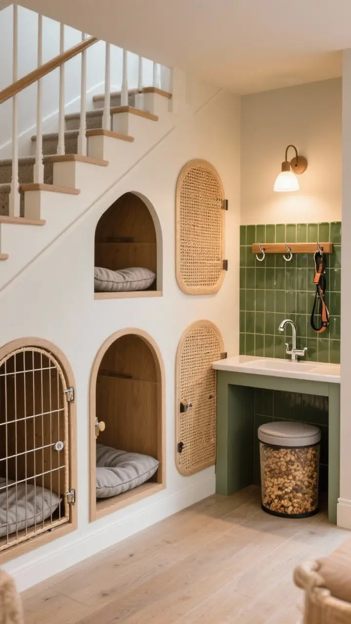 Photorealistic detail/medium shot of a pet suite under the stairs: built-in kennel with arched openings, cane-inset doors, removable cushions in durable wipeable fabric; adjacent mini grooming niche featuring a handheld sprayer, glossy sage green tiled splashback, hooks for leashes, a peg rail, and a lidded bin for food; warm, friendly lighting; tidy, stylish pet hub.