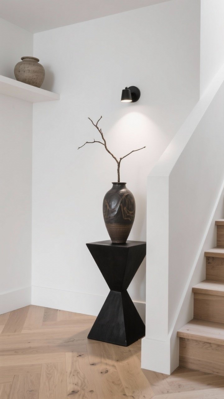 Photorealistic detail/medium shot of a sculptural moment on a stair landing: a matte black pedestal holding a tall, dramatic ceramic vase with a single branch; focused sconce spotlight above creating gallery vibes and soft falloff; minimal surrounding decor, white wall, pale oak flooring; alternative wall-mounted shelf with a stoneware vessel in the background; angle from the landing corner to emphasize height and stability.