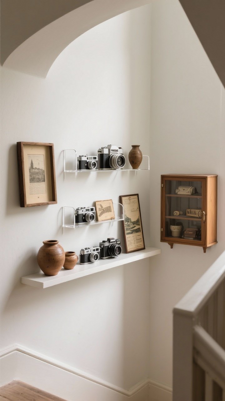 Photorealistic detail/medium shot of curated heirlooms on a landing: a shallow wall shelf and a small vitrined cabinet displaying a cohesive selection of vintage cameras, pottery in earth tones, and travel mementos; shadow boxes and clear acrylic stands elevate special pieces; edited, uncluttered arrangement; soft spotlight and ambient daylight; corner angle to add depth.
