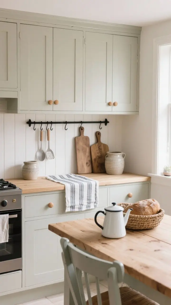 Photorealistic detail/overhead hybrid shot of Scandinavian vintage kitchen textures: cream/light gray cabinet fronts with simple wood knobs, pale oak counters, white-painted tongue-and-groove backsplash; styled with stoneware crocks, vintage cutting boards, stripe linen runner; matte black rail with hooks holding simple utensils; freestanding pine table edge with painted chairs visible; enamel coffee pot and woven bread basket arranged neatly; soft, diffuse natural light in calm neutrals