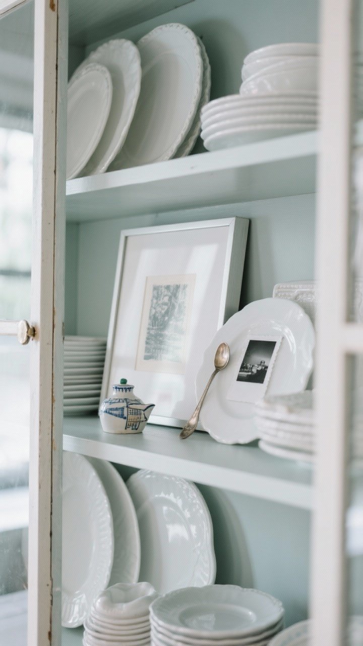 Photorealistic detail shot blending decor with personal mementos. A small framed print leaned against the hutch back, layered with white plates partially overlapping the frame. Add a tiny travel ceramic or vintage spoon and one black-and-white photo in a thin frame. Limit to one personal piece per shelf feel—light, curated, not crowded. Cool daylight with gentle reflections in glass, straight-on close crop.