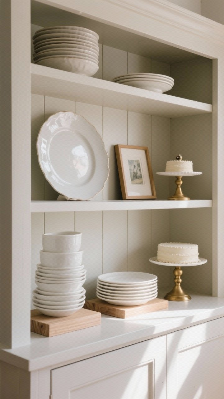 Photorealistic detail shot emphasizing varied heights on one hutch shelf. Show a stack of plates lifting a bowl, a large platter and a small framed print leaned against the back, and a cake stand elevating a petite object. Arrange in a tall–medium–low rhythm from left to right. Neutral palette with white ceramics, light wood risers, and a hint of brass. Side-lit natural light to cast gentle shadows that reveal depth, slight angle from the right for dimension.