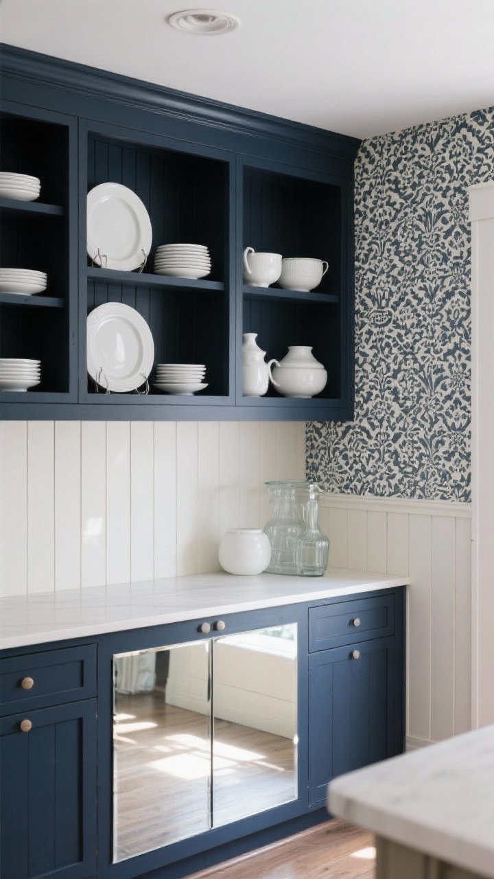 Photorealistic detail shot focusing on a hutch backdrop upgrade. Show a deep-painted back panel in navy or charcoal making white dishes pop, or a peel-and-stick patterned wallpaper panel beside it. Include optional beadboard/shiplap texture on a lower section and a mirrored panel reflecting light. Emphasize how glass and white ceramics glow against the dark back. Controlled indoor lighting with highlights and reflections.