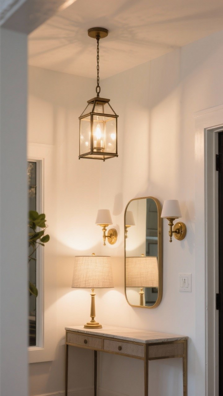 Photorealistic detail shot focusing on layered lighting in an entry: a small chandelier lantern pendant overhead, a linen-shade table lamp glowing on a console, and a pair of brass sconces flanking a mirror to minimize harsh shadows. Warm 2700–3000K illumination casting a welcoming ambiance on a soft white wall, captured from a corner angle to show the interplay of light sources.