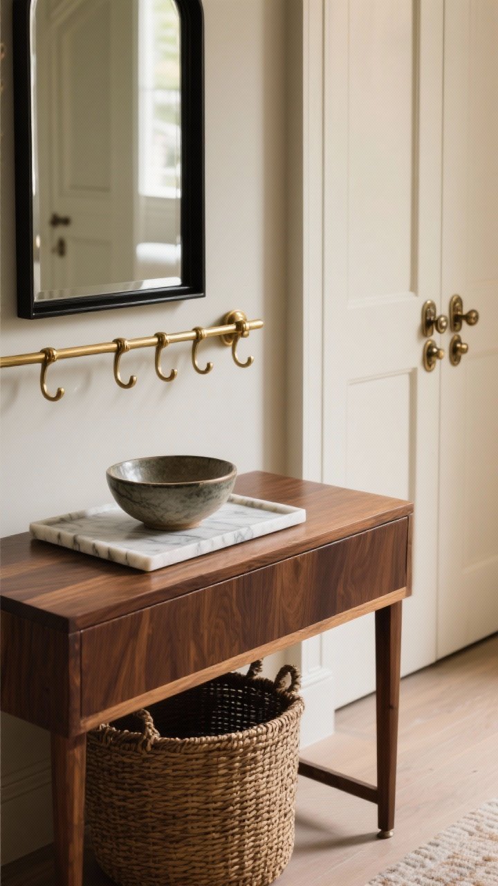 Photorealistic detail shot highlighting luxe materials and finishes: a vignette with mixed metals (brass hook rail and black metal mirror frame), a marble tray holding a ceramic bowl catchall on a rich wood console, and a rattan basket underneath. Include upgraded closet door knobs with distinctive hardware. Soft, warm lighting emphasizing textures and material contrast, tight composition.