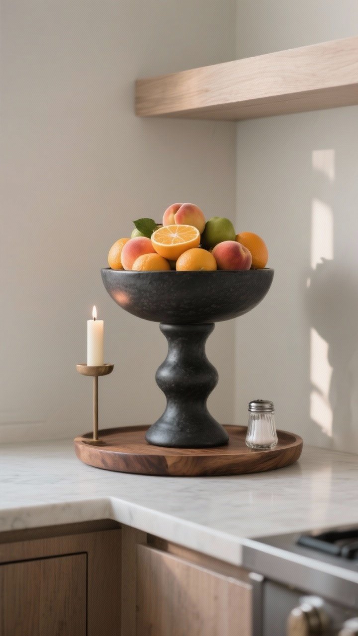 Photorealistic detail shot of a sculptural fruit station in a kitchen counter corner: a statement pedestal fruit bowl filled with seasonal citrus (or peaches in summer), styled with an odd-number grouping that includes a single taper candle in a simple holder and a small salt cellar. Choose bowl material to set mood—matte black stoneware for modern or warm wood for rustic—show one of these clearly. Minimal backdrop, clean lines, gentle sidelight emphasizing form and shadows, focus on the sculptural quality.