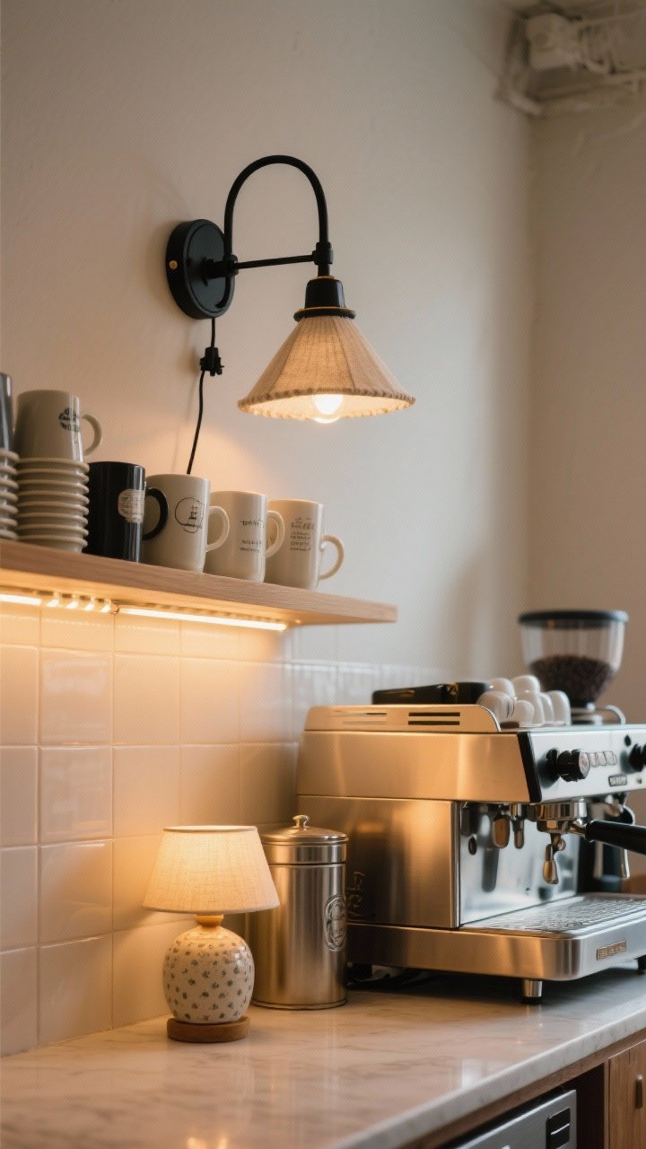 Photorealistic detail shot of café-style lighting: a plug-in black metal wall sconce with a linen shade above a coffee setup, warm under-shelf LED strips softly illuminating stacked mugs and canisters, and a tiny ceramic table lamp on the counter. Bulbs at 2700–3000K casting a warm glow on a light backsplash and brushed metal espresso machine, straight-on composition emphasizing the cozy ambiance.