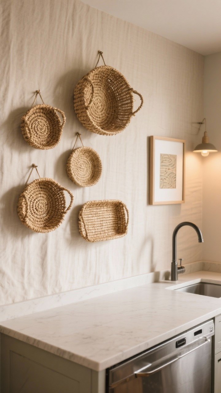 Photorealistic detail shot of mounted woven accents: a trio of seagrass baskets and shallow woven trays in varied sizes arranged gallery-style above a folding counter; neutral linen backdrop, subtle shadow play; mixed with a single small framed print for layered texture; warm ambient lighting adds coziness; coordinated natural tones bring organic warmth to the utility space.