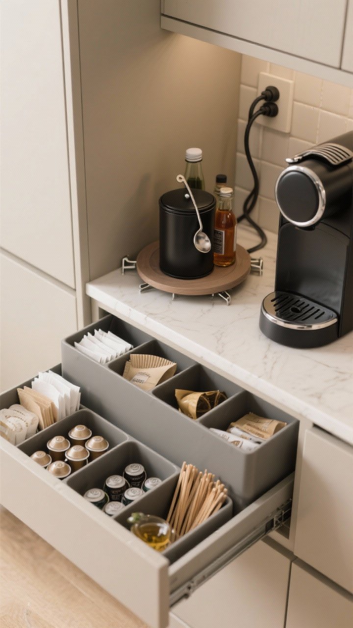 Photorealistic detail shot of organized storage: a drawer pulled open revealing inserts holding coffee pods, paper filters, tea bags, and stir sticks in tidy compartments; inside a nearby cabinet, a Lazy Susan corrals syrup bottles; a matte black canister with a magnetic scoop attached; cable clips discreetly guiding the machine cord along the backsplash. Clean lines, warm neutral palette, top-down perspective.