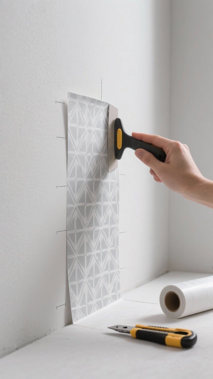 Photorealistic detail shot of peel-and-stick wallpaper installation: close view of hands-free scene showing a smoothing tool gliding over a patterned peel-and-stick panel (subtle geometric in soft gray) on a smooth primed wall; utility knife and extra roll nearby; center-start alignment marks faintly visible; bright task lighting; crisp, DIY-friendly vibe. (No people present; tools only.)