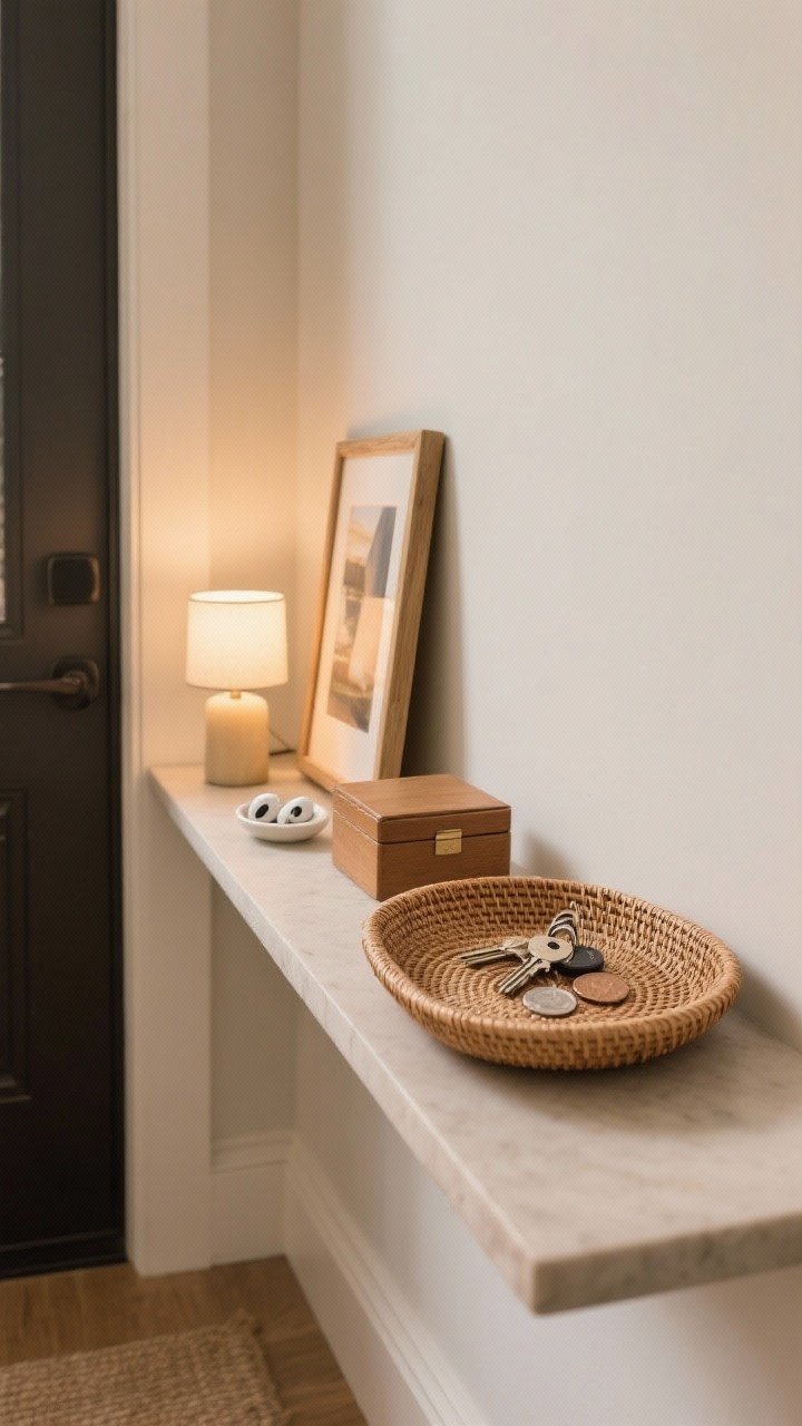 Photorealistic detail shot, straight-on angle of an entryway landing zone on a narrow console; slim rectangular or oval rattan-textured tray for warmth; include a catchall dish with keys and coins, a small lidded box for earbuds, a mini lamp or candle casting soft welcoming light, and a leaning frame with a photo or art print anchoring the vignette; balanced composition with negative space and natural textures, warm color temperature.