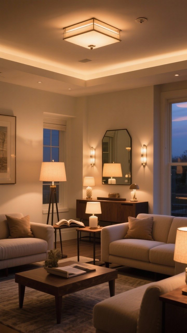 Photorealistic detail-to-medium shot emphasizing layered lighting across a two-sofa setup: ambient ceiling fixture on dimmers casting a warm 2700–3000K glow; a floor lamp by the reading spot and table lamps on end tables for task lighting; accent lighting from picture lights and a small lamp on the console; lampshades in the same color family; a wall mirror opposite a lamp amplifying the glow; evening scene with cozy, stay-in mood; shot from sofa-height capturing multiple light sources