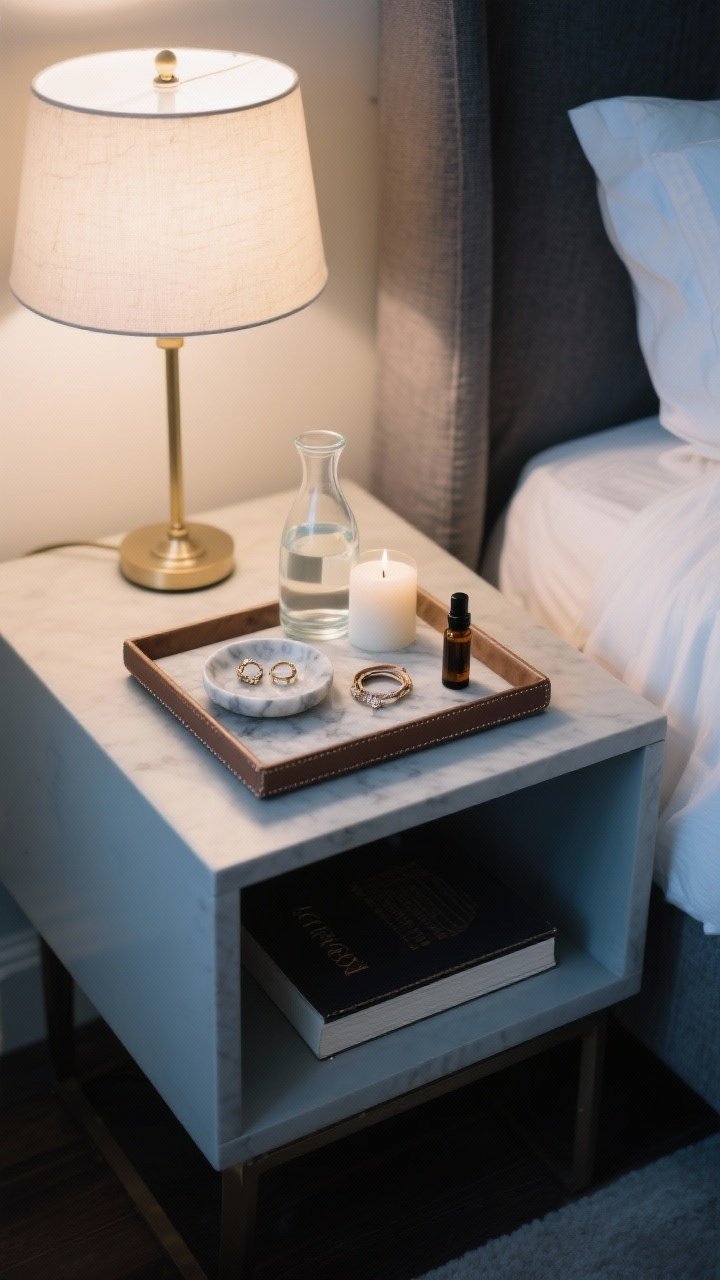 Photorealistic medium closeup of a serene nightstand styled with an 8–12 inch stone, marble, or leather tray that fits partly under the lamp base; include a small water carafe and glass, a ring dish with jewelry and hair ties, a calming candle or essential oil roller, and one book; palette in creams, charcoal, and soft blues; gentle evening bedside lighting, calm, clutter-free mood.