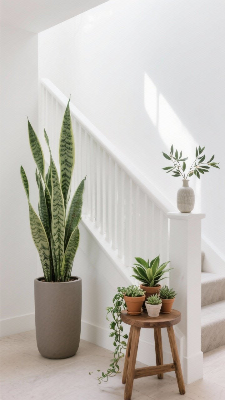 Photorealistic medium/closeup shot of stair landing greenery: a tall snake plant in a slim matte ceramic planter beside the railing, with a cluster of small pots (ZZ plant and a faux trailing vine) on a low wooden stool; optional faux olive branch in a vase on a ledge; bright indirect light, clean white walls; focus on leaf texture and planter finishes; straight-on eye level.
