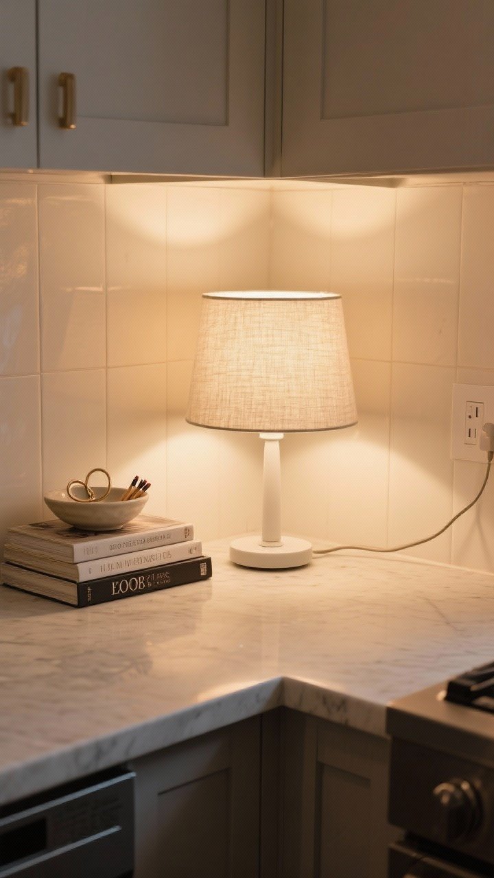 Photorealistic medium corner scene featuring a low lamp for ambience: a petite 10–16 inch lamp with a neutral linen shade on the counter, warm dim glow softening overhead light. USB or rechargeable base (no visible cords). Next to it, a small stack of cookbooks and a ceramic dish for rings or matches. Evening kitchen mood, warm lighting pooling on a light quartz countertop and simple backsplash, cozy and elevated vibe, limited palette of cream, natural linen, and ceramic off-white.