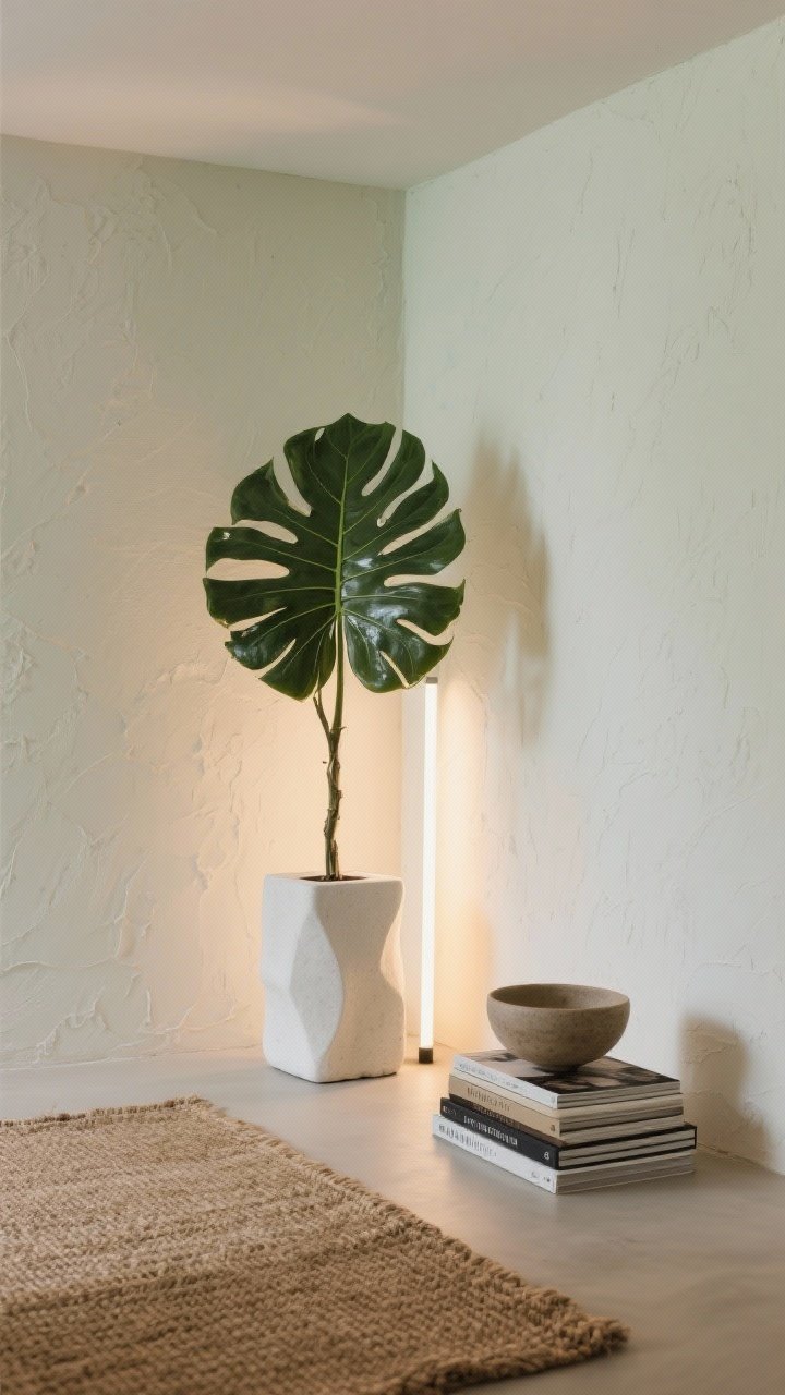 Photorealistic medium corner shot: a tall sculptural fiddle-leaf fig in a matte white plaster pedestal, underlit by a slim uplight that makes the leaves glow; limewash textured walls in warm whites, soft sage undertones; a woven jute rug clipping into the corner; low stack of oversized art books beside a tactile ceramic bowl; soft, organic palette with natural tan accents; calm, gallery-like mood; evening lighting emphasizing upward glow and subtle wall texture; no people, minimal styling.