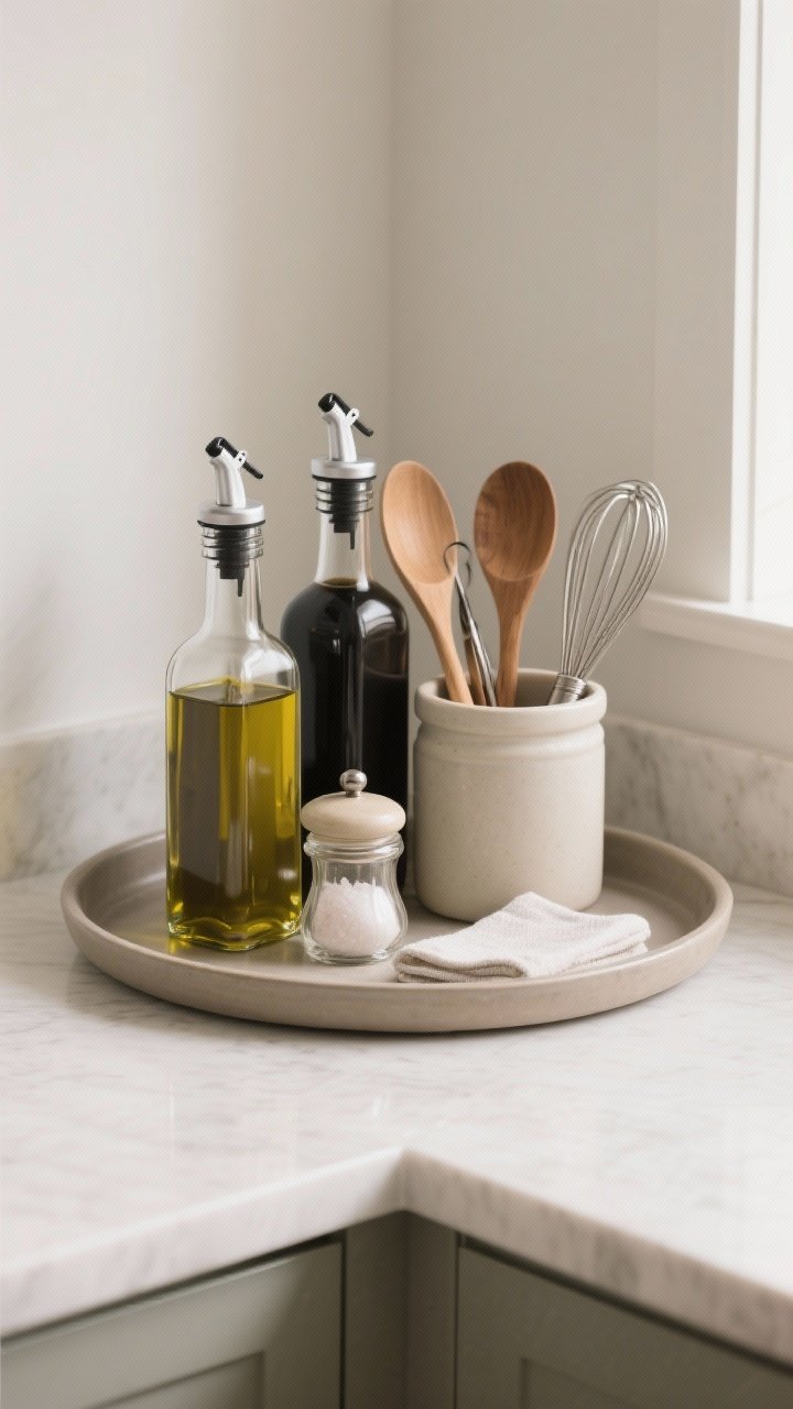 Photorealistic medium corner shot of a curated chef’s caddy on a shallow tray: decanted olive oil and vinegar in pretty bottles, a lidded salt cellar and classic pepper mill within arm’s reach, and a simple utensil crock with wood spoons, tongs, and a whisk (minimal selection). Choose round tray for a deep corner or rectangular for a tight footprint; show microfiber cloth subtly under the tray to protect the counter from drips. Neutral palette, practical yet tidy look, soft diffuse daylight.