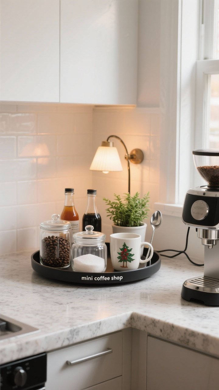Photorealistic medium corner shot of a “mini coffee shop” setup on a kitchen counter: a compact round tray or lazy Susan holding labeled clear-glass canisters for beans, sugar, and tea, seasonal ceramic mugs, syrup bottles, chrome spoon, and a tiny potted plant softening the hardware. Place the main espresso machine just outside the tray. Include a petite warm-glow small lamp in the corner for cozy morning café vibes. Neutral stone countertop, white backsplash tile, soft early-morning natural light plus warm lamp light, minimal cords, calm palette of white, black, glass, and greenery.
