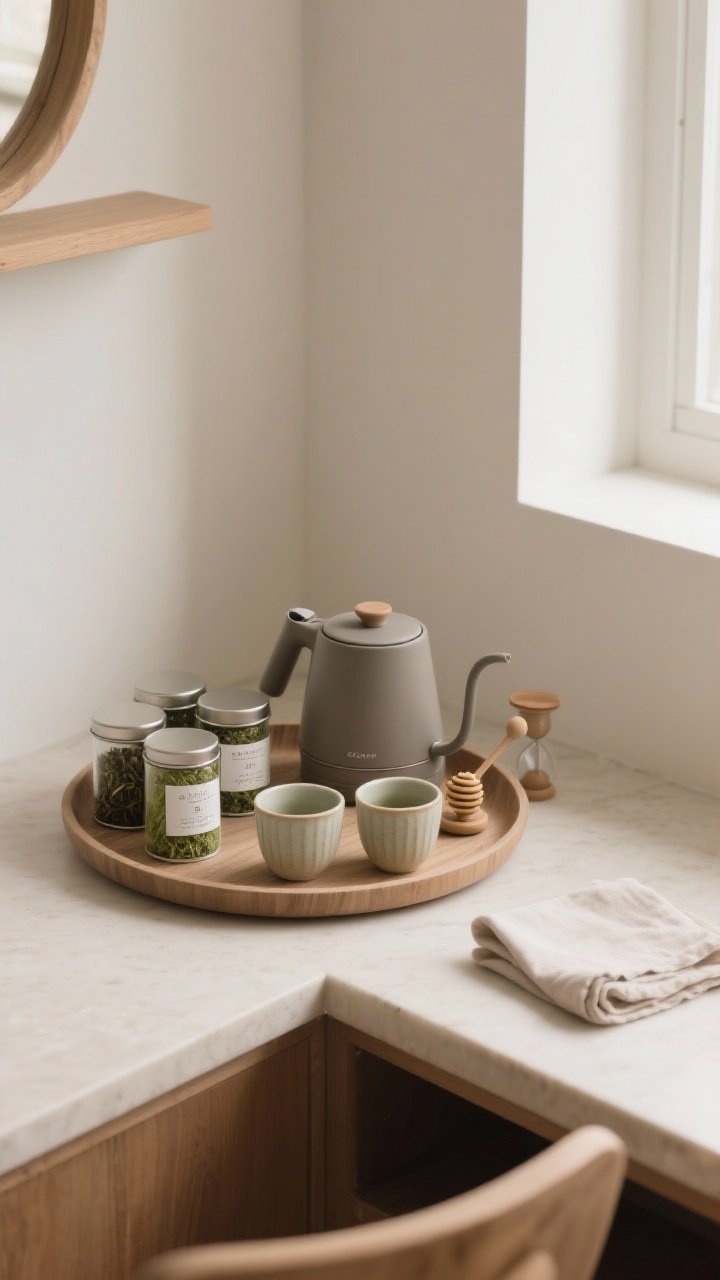Photorealistic medium corner shot of a tea and wellness nook: a round tray to soften lines holding labeled canisters for loose-leaf tea, matcha tins, or wellness packets; a matte-finish electric kettle; and two pretty cups on display. Tuck in a folded linen napkin for texture and a small honey dipper or tiny hourglass for charm. Serene, uncluttered composition, gentle morning light, calming palette of soft neutrals, matte ceramics, and warm wood accents.
