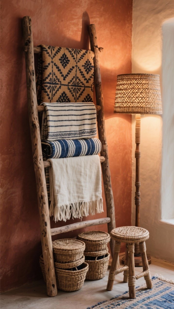 Photorealistic medium detail corner: a leaning wooden blanket ladder layered with textiles—block-printed throws, a fringed linen, and a striped cotton—showing texture and pattern; stacked lidded baskets at the base for hidden storage; a woven stool adjacent; a tall rattan floor lamp casting patterned light on the wall; color story of terracotta, camel, cream with inky blue accents; global, cozy, collected-over-time vibe; evening lamp glow highlighting weave and fringe.