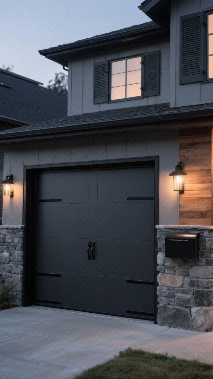 Photorealistic medium exterior shot at dusk of a deep charcoal gray garage door with black trim and black hardware: soft charcoal (not pure black) door, matte-to-satin sheen, black frame and hinges, warm outdoor sconces casting a glow to avoid a bunker feel; nearby stone and wood accents in facade; mailbox and shutters repeated in charcoal for cohesion; moody, sleek, modern curb appeal.