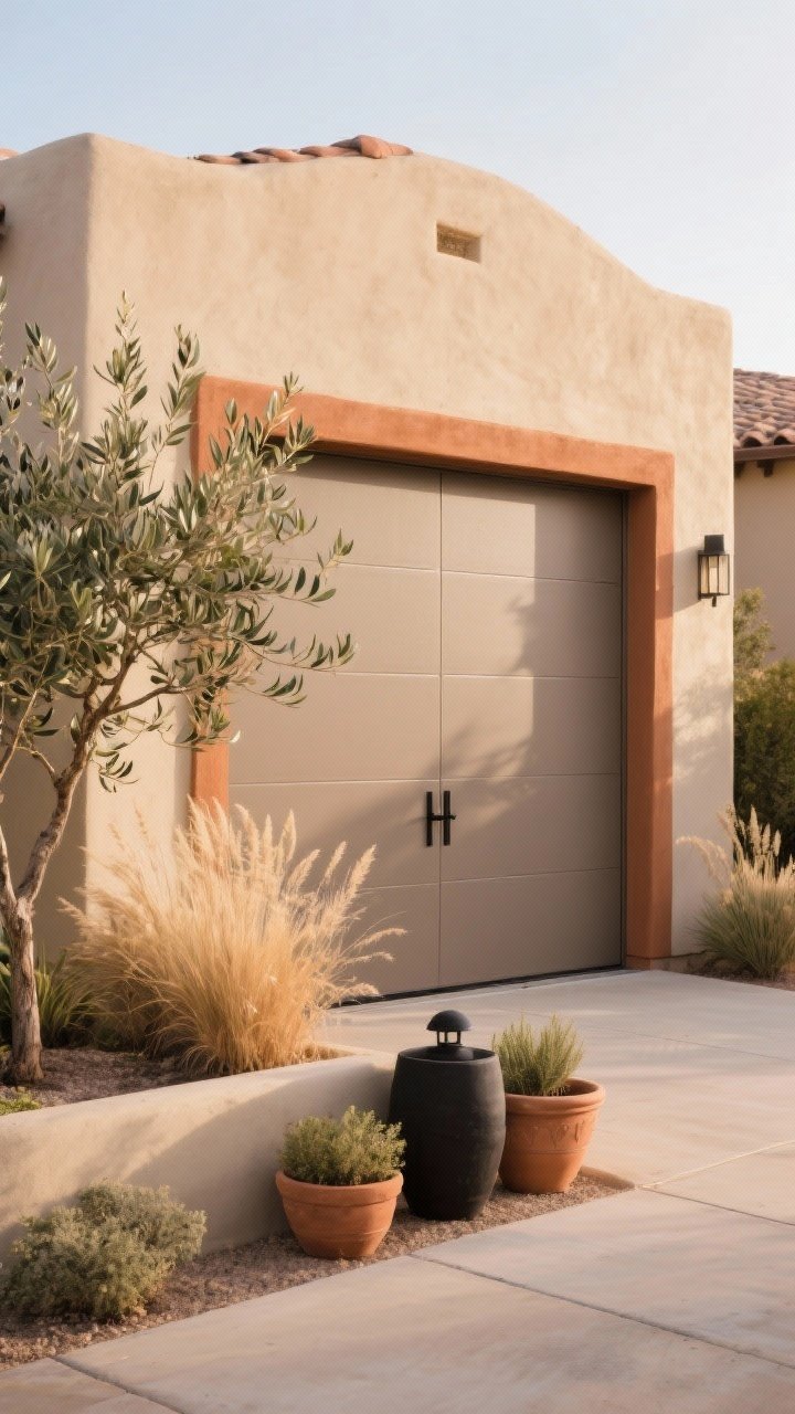 Photorealistic medium exterior shot of a desert taupe garage door with subtle terracotta undertones: warm, earthy taupe door in satin finish; slightly darker trim to avoid beige look; black fixtures and clay planters grouped near the door; layered Mediterranean landscaping with olive trees and ornamental grasses; late afternoon sun for cozy warmth.