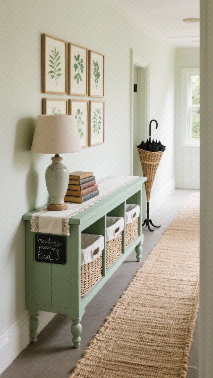 Photorealistic medium hallway scene in cottage style: soft sage console with turned legs along a narrow wall, topped with a runner, ceramic lamp, and stacked old books. Lower shelf holds three deep basket drawers sliding in like built-in hampers, each cotton-lined; subtle chalk labels tucked under the lip (hidden but handy). Botanical print gallery above, jute runner on floor, woven umbrella stand. Palette: sage green, cream, natural jute, iron black. Gentle daylight, charming and useful.