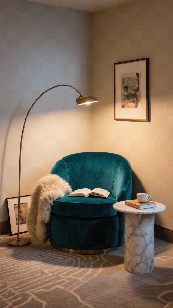 Photorealistic medium reading nook: a deep teal velvet barrel chair tucked into a corner against creamy walls, layered with a draped sheepskin throw; a petite round marble side table holding a single book and cup; a skinny arc floor lamp sweeping overhead casting warm light; a framed art print casually propped on the floor behind the chair; jewel tones with warm neutrals; boutique hotel vibe; corner perspective, twilight ambience.