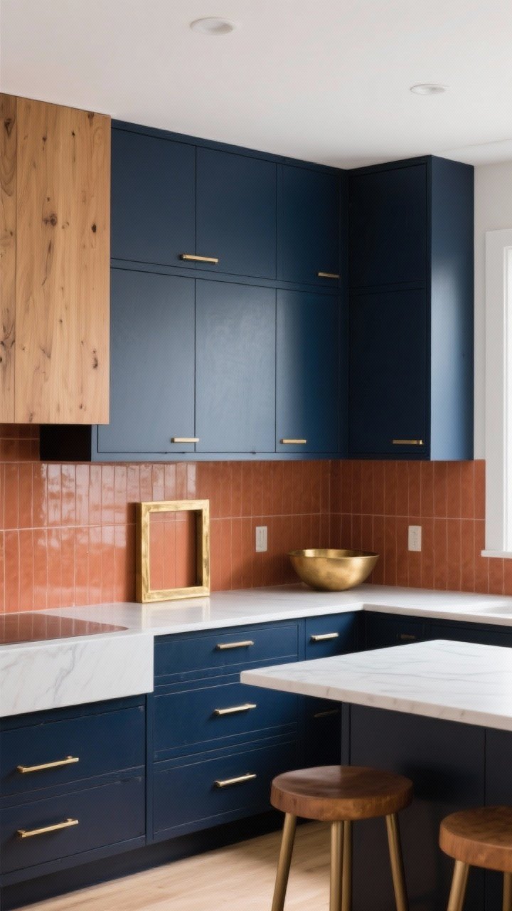 Photorealistic medium shot focused on a cohesive color story above navy cabinets: palette of three to four colors—dominant wood and navy, an accent terracotta, and warm brass. Repeated finishes include a brass frame and a brass bowl, layered with light, medium, and dark tones for dimension. Elements echo backsplash and island stools below. Corner angle, balanced daylight, intentional, connected look.