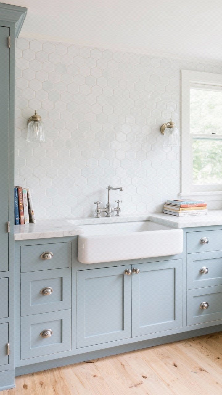 Photorealistic medium shot focused on a wall of micro-hex porcelain white mosaic backsplash behind soft blue-gray shaker cabinetry. Polished chrome knobs, classic apron-front sink centered, and a light maple floor grounding the scene. Include milk glass sconces flanking a small window and a neat stack of cookbooks on the counter. Fresh, cheerful daylight.