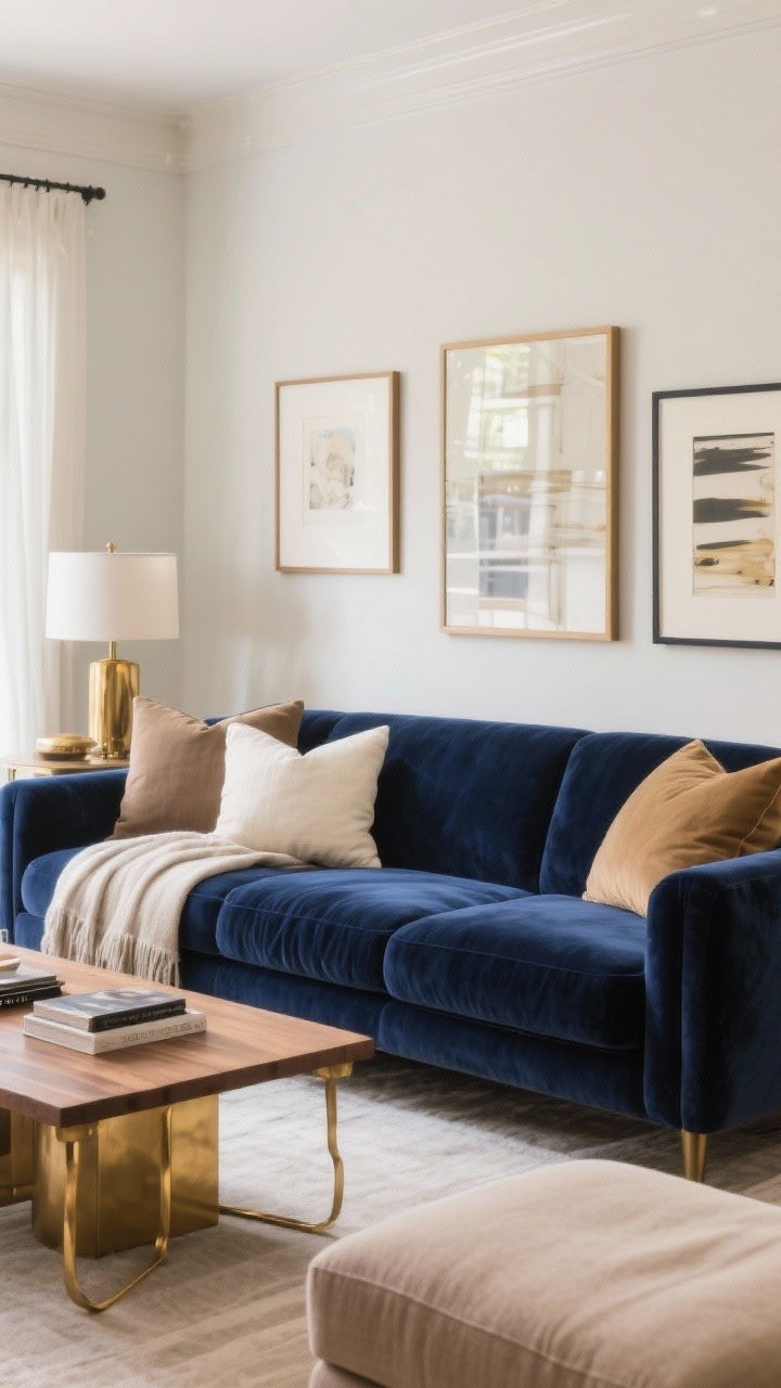 Photorealistic medium shot focused on color-blocked sofas: one deep navy velvet couch paired with a warm taupe linen couch; saturation levels matched for balance; a palette of 3–4 colors repeated across the room—navy, taupe, cream, and brass accents echoed in pillows, throws, art, and books; neutral wood coffee table and brass detailing tie warm and cool tones; textiles include linen and velvet mix; soft morning light; three-quarter angle highlighting pretty color psychology