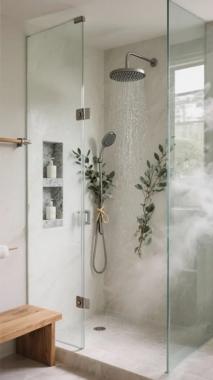 Photorealistic medium shot inside a glass-enclosed shower featuring a large rainfall showerhead plus a separate multi-function handheld on a rail, a built-in shampoo niche with a quartz or stone shelf, and a small teak bench; eucalyptus bundle tied to the shower arm; clear glass door preserving steam and spacious feel; soft, steamy lighting