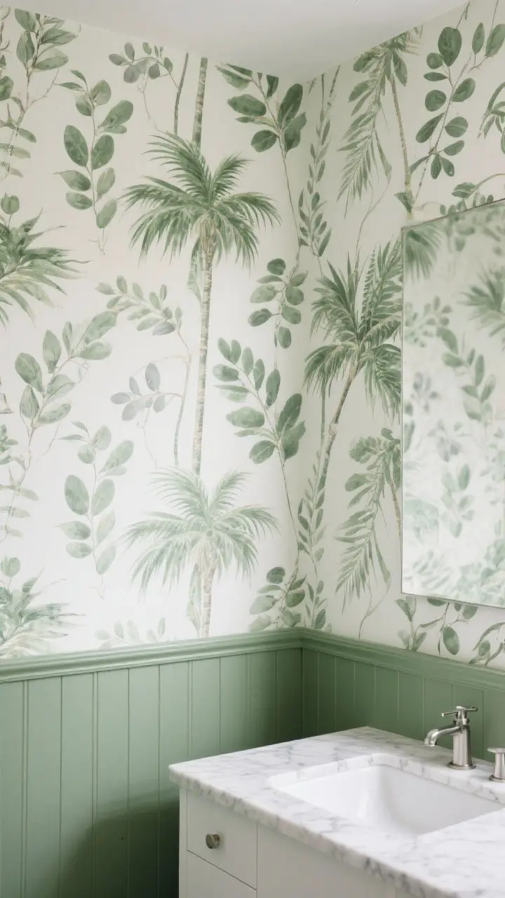 Photorealistic medium shot of a bathroom vanity wall featuring moisture-resistant botanical wallpaper with palms and eucalyptus in varied greens. The wallpaper is the accent wall behind a white or marble-topped vanity with simple fixtures. Optionally show beadboard painted green on the lower half for a half-wall style, with crisp trim. Soft, even lighting to showcase leaf detail; clean, modern look without people.