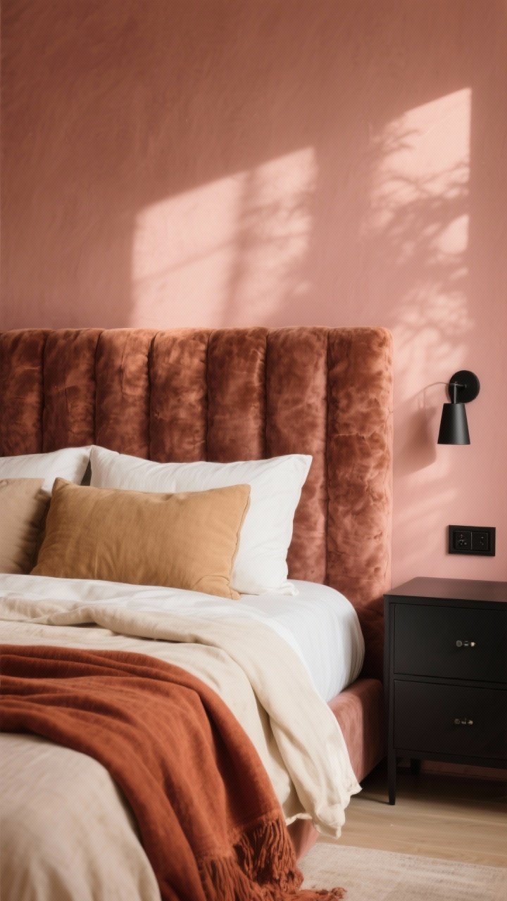 Photorealistic medium shot of a bed against rosy clay glow walls, earthy and sun-kissed; layered textiles in cream, camel, and rust draped across the bed; matte black hardware on a nearby dresser or sconce for contrast; statement headboard in boucle or suede adding plush texture; soft, warm afternoon light enhancing the pink-brown undertones