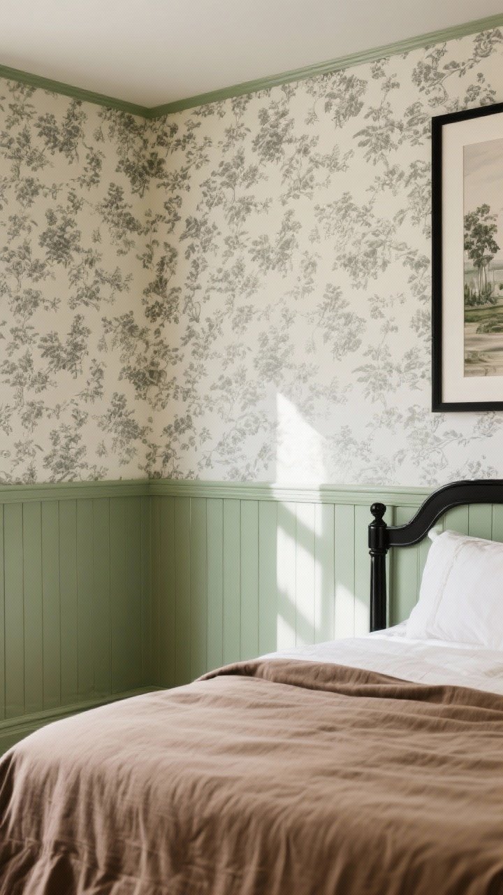 Photorealistic medium shot of a bedroom wall combining wainscoting and wallpaper: lower third features paneled wainscoting painted soft green, upper section in a refined patterned wallpaper (subtle toile-style in cream and gray); framed bed corner with warm taupe linen duvet; black-painted trim accents; afternoon natural light grazing the panels, elegant and elevated.