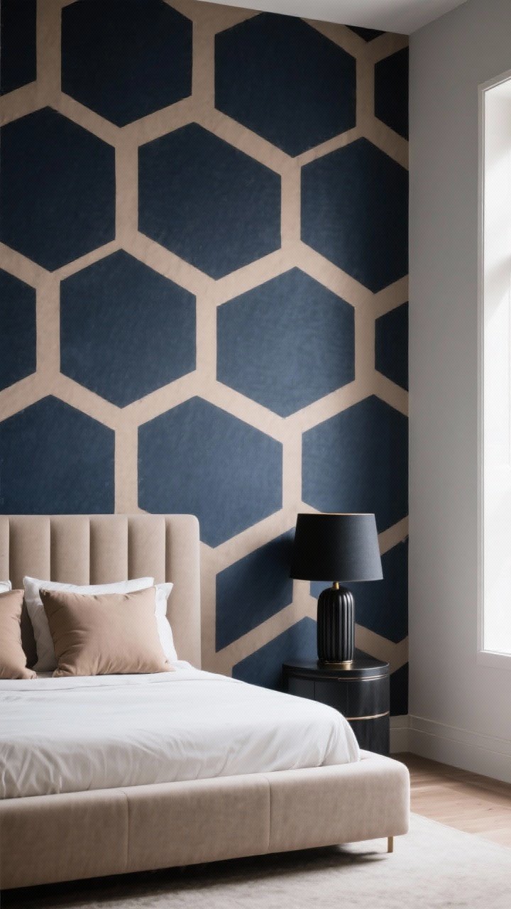 Photorealistic medium shot of a bedroom wall with bold geometric wallpaper: large-scale honeycomb pattern in matte navy and soft taupe lines; upholstered platform bed with pillows repeating the taupe accent; matte black drum table lamp; natural daylight from the side; balanced composition with designer, curated feel, slight corner angle.