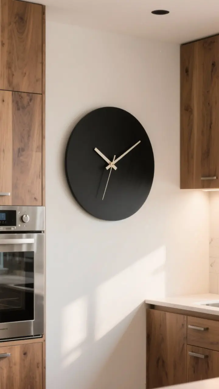 Photorealistic medium shot of a bold statement clock anchoring a kitchen wall: a large matte black clock on a light warm-white wall in a modern space. Wood accents in the room for warmth, brushed metal hardware on nearby cabinets. Emphasize quiet sweep movement (no second-hand tick). Balanced composition, diffused daylight, subtle shadows to highlight the clock’s presence.