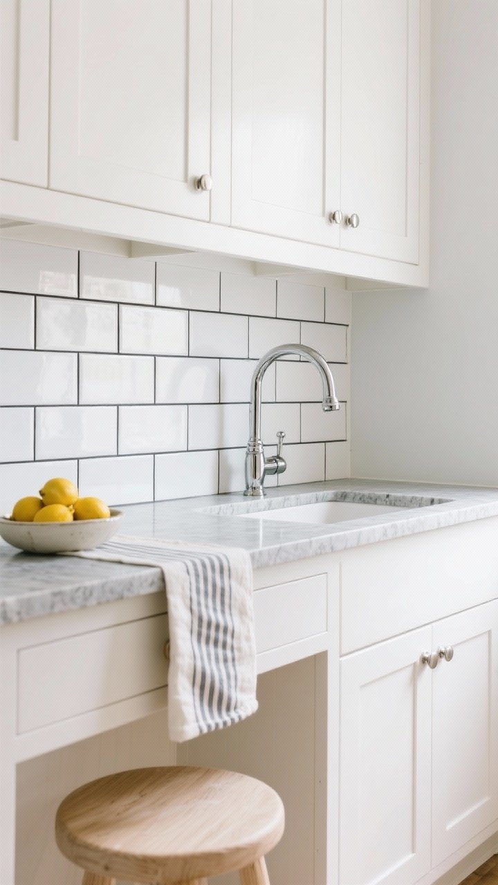 Photorealistic medium shot of a bright kitchen wall: 3x6 white subway tiles in a running bond with sharp charcoal grout lines, paired with warm white shaker cabinets, soft gray quartz countertop, brushed nickel hardware, and a polished chrome vintage-style bridge faucet. Include a pale oak stool tucked under the counter, a bowl of lemons, and a striped linen runner on the counter. Natural daylight, straight-on angle, clean and bright vibe.