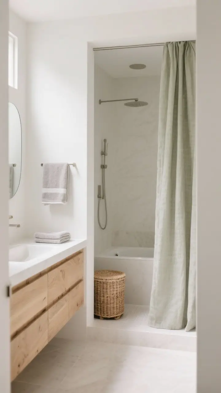 Photorealistic medium shot of a calm, spa-style bathroom corner with warm white walls in pale greige, light oak vanity accents and a rattan stool; soft whites, warm beiges, stone grey towels, and a muted sage linen shower curtain; gentle, low-contrast palette with texture-over-color emphasis; soft natural daylight, no harsh shadows; focus on the serene color palette and tactile materials