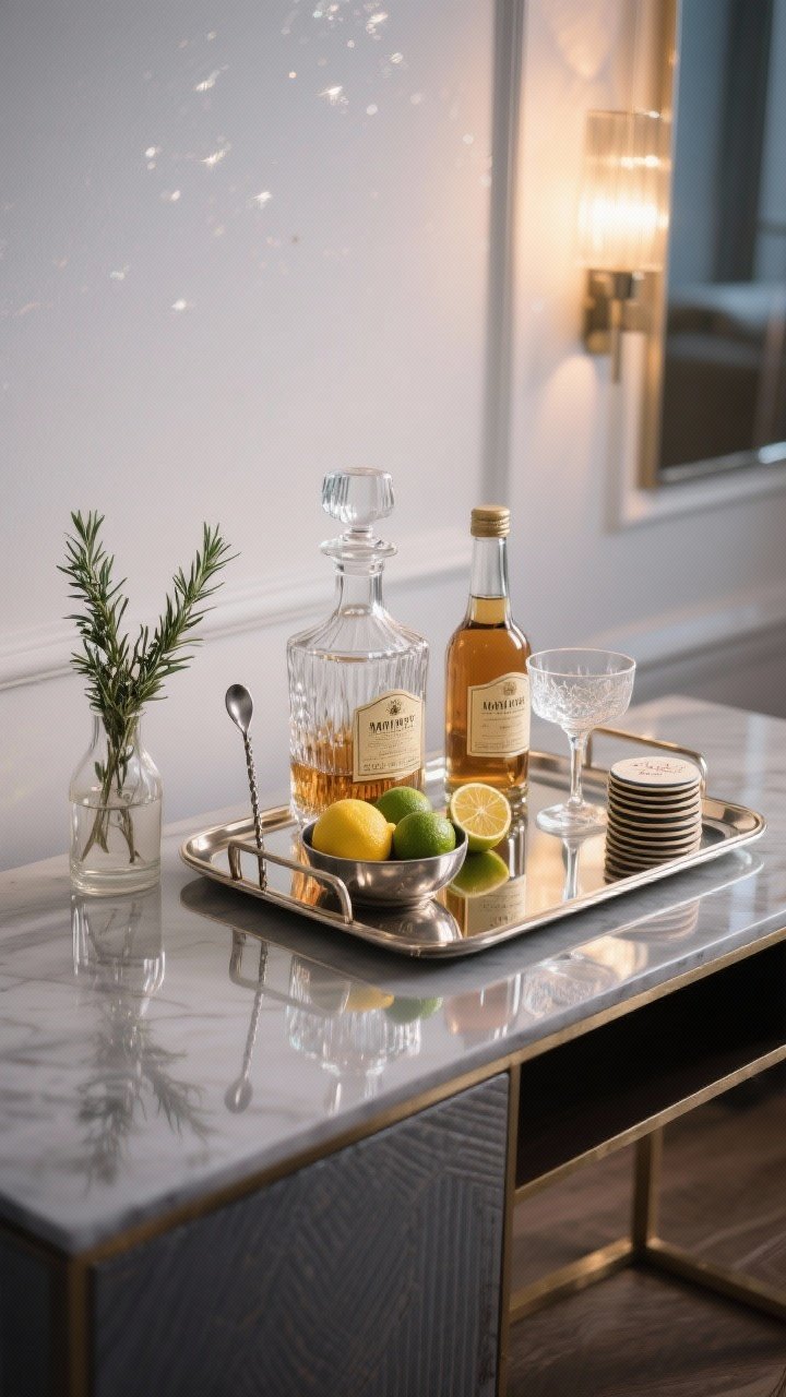 Photorealistic medium shot of a chic bar tray styled on a console table; mirrored or metal tray reflecting light; include two favorite spirits with attractive labels facing forward, a glass decanter or carafe, mixers in glass bottles, two coupe glasses, a small citrus bowl with lemons and limes, a metal stirrer, and a tidy stack of coasters; add a bud vase with a sprig of rosemary; evening ambient light with subtle sparkle from reflections, clean wall backdrop.