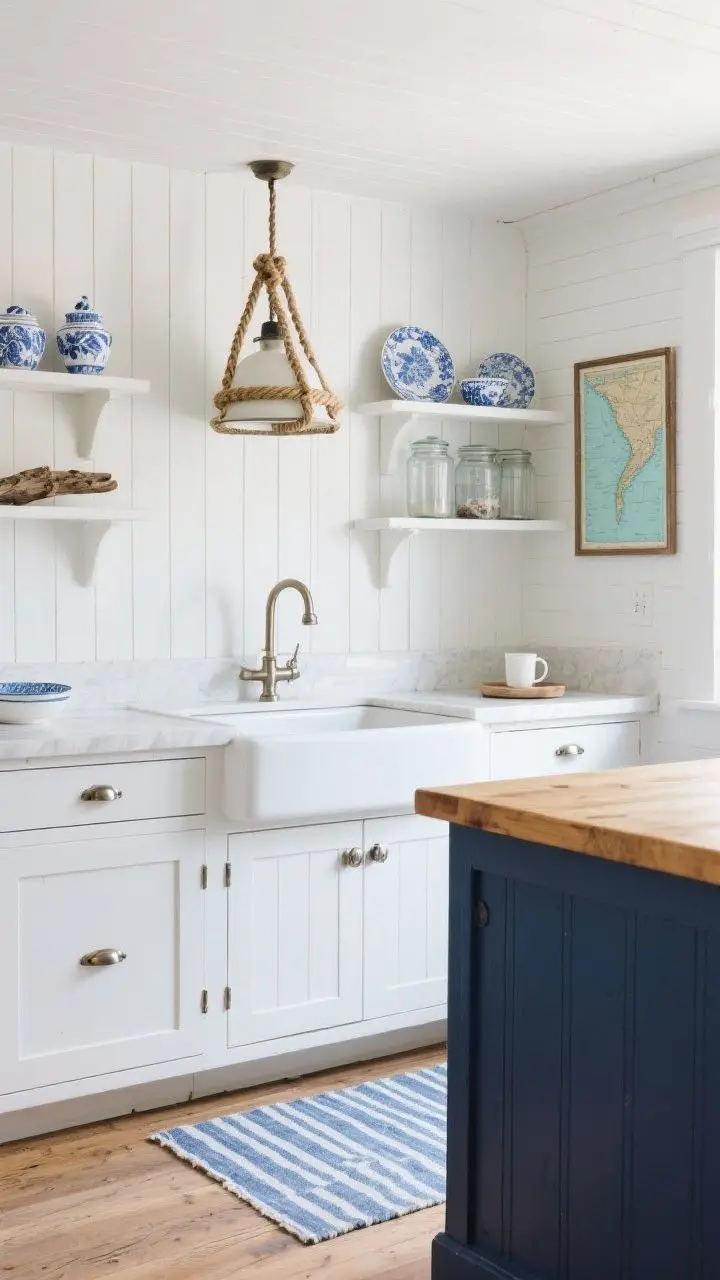 Photorealistic medium shot of a coastal cottage vintage kitchen wall and sink zone: white beadboard cabinets, navy-painted island visible in foreground, polished nickel hardware; shelves styled with blue-and-white china, clear glass jars, and driftwood accents; vintage fisherman’s pendant over the sink, rope-wrapped pulls; striped runner leading through space; framed coastal maps near a simple coffee nook; crisp white, navy, sea glass blue palette with airy daylight