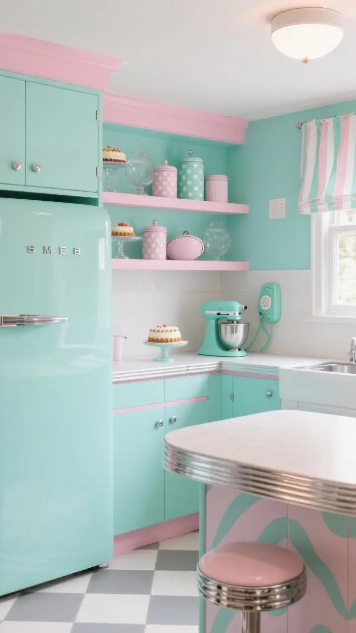 Photorealistic medium shot of a color-pop 1950s pastel kitchen: pastel aqua cabinets (with blush pink accents), rounded SMEG-style fridge, soft gray-and-white checkerboard tiles; chrome-edged open shelves holding glass cake stands, polka-dot canisters, pastel enamel cookware; striped café curtains at window; retro mint mixer on counter, vintage wall phone mounted nearby; boomerang-pattern laminate on a petite breakfast bar; bright, joyful lighting