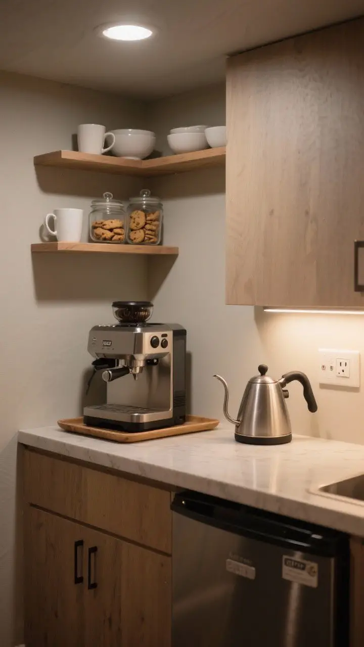 Photorealistic medium shot of a compact basement coffee bar: pale wall with two open wood shelves holding white mugs, bowls, and glass jars of biscotti; a small counter with a compact espresso machine on a tray, gooseneck kettle, and a counter-depth mini fridge below. Include a motion-sensor under-cabinet light glowing softly and a visible GFCI outlet near the counter. Late-night, warm ambient lighting, cozy mood, no people.